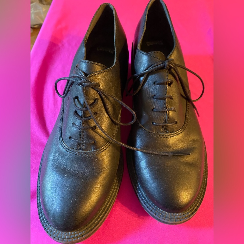 Camper Black Leather Platform wedge Lace-Up Shoes